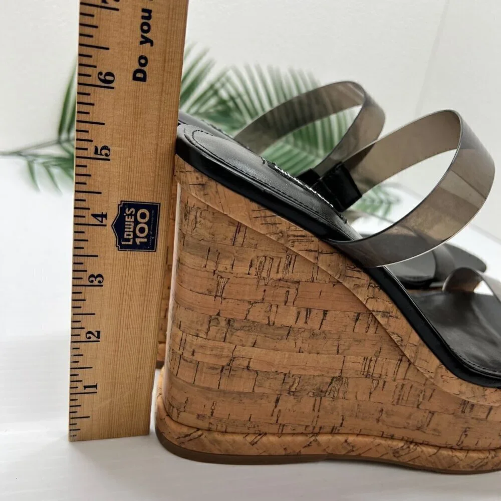 Nine West Rapps Platform Wedge Sandals Size 9.5 Black Tan Square Open Toe
